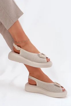 Sandały Na Koturnie>Damskie buty S.Barski Skórzane Sandały Damskie Z Ozdobą S.Barski LR51-786 Beżowe