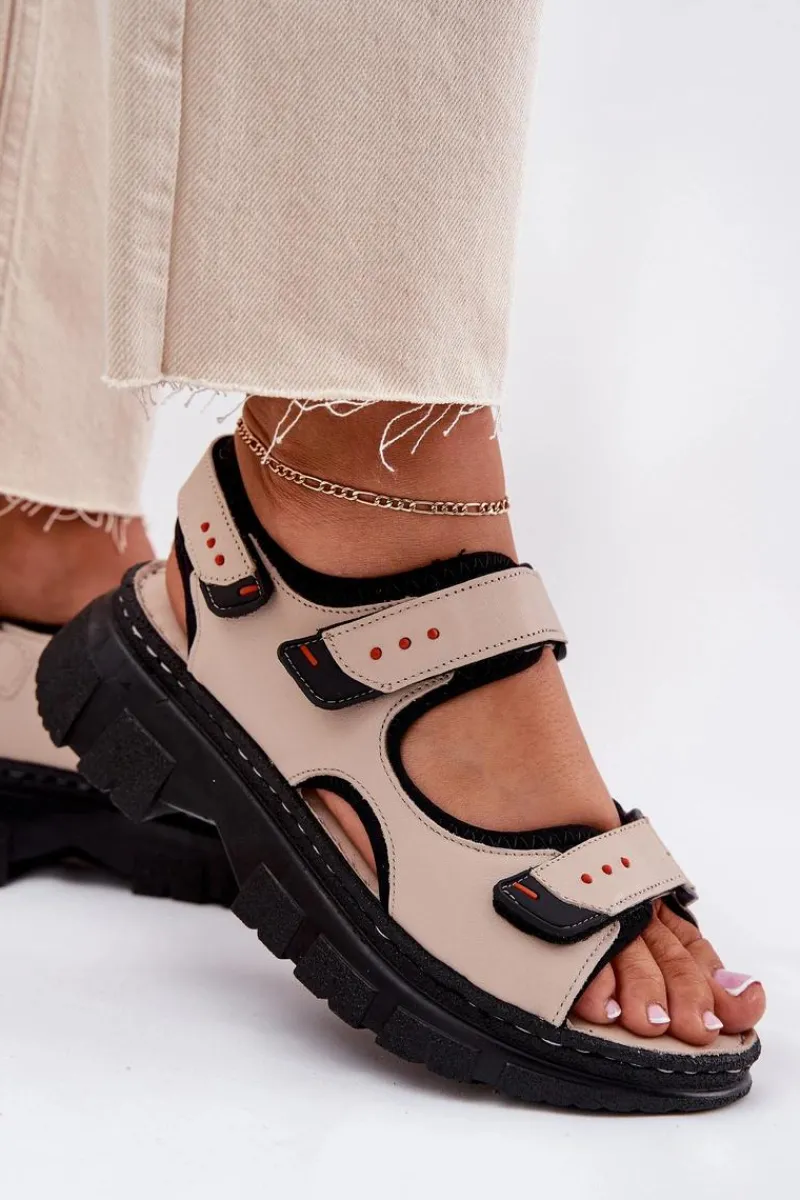 Sandały Płaskie>Artiker Skórzane Sandały Damskie Z Rzepami 56C0471 Beżowe Beżowy