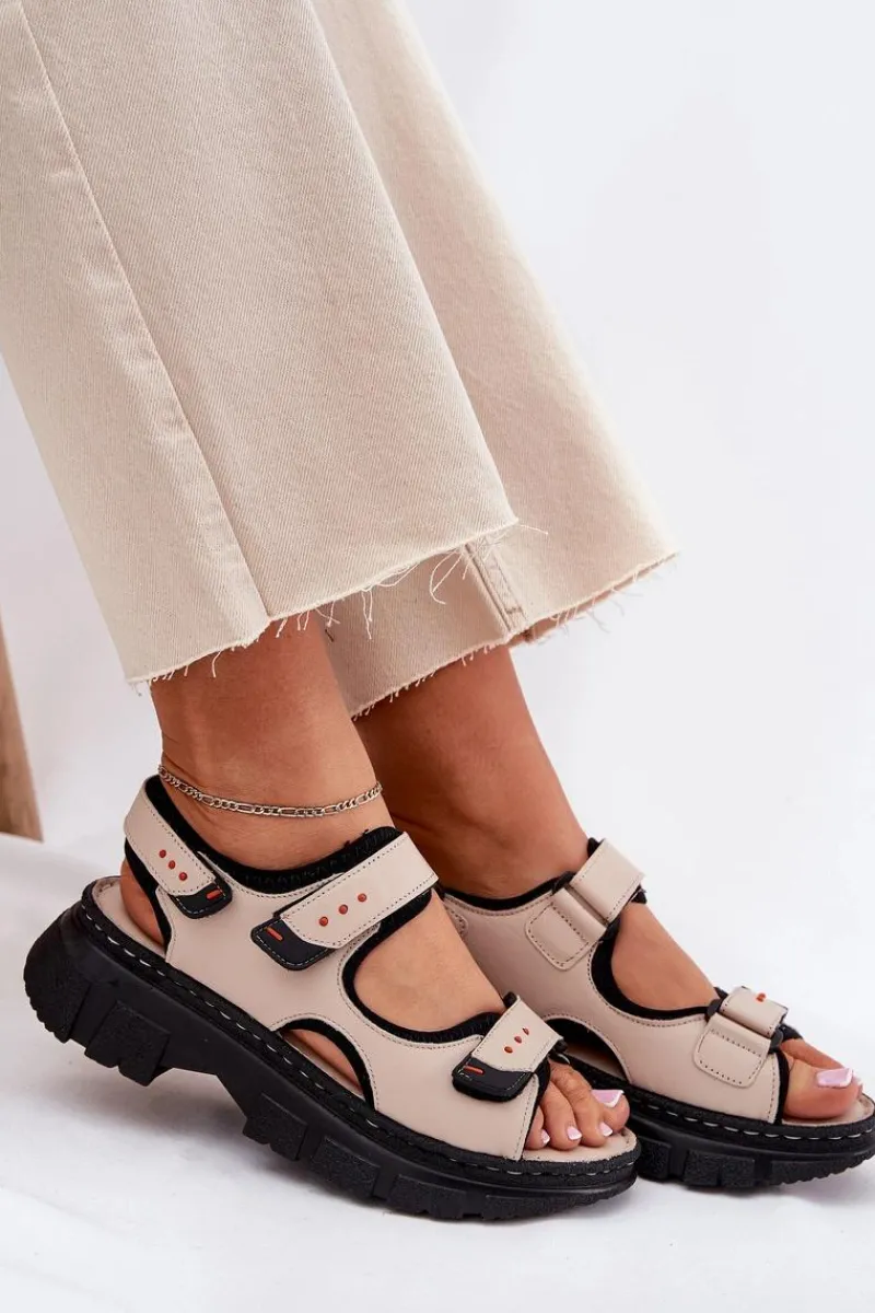 Sandały Płaskie>Artiker Skórzane Sandały Damskie Z Rzepami 56C0471 Beżowe Beżowy