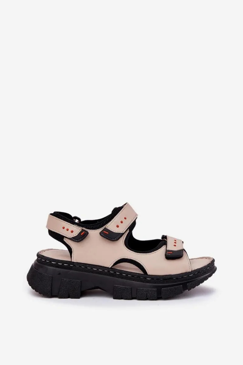 Sandały Płaskie>Artiker Skórzane Sandały Damskie Z Rzepami 56C0471 Beżowe Beżowy