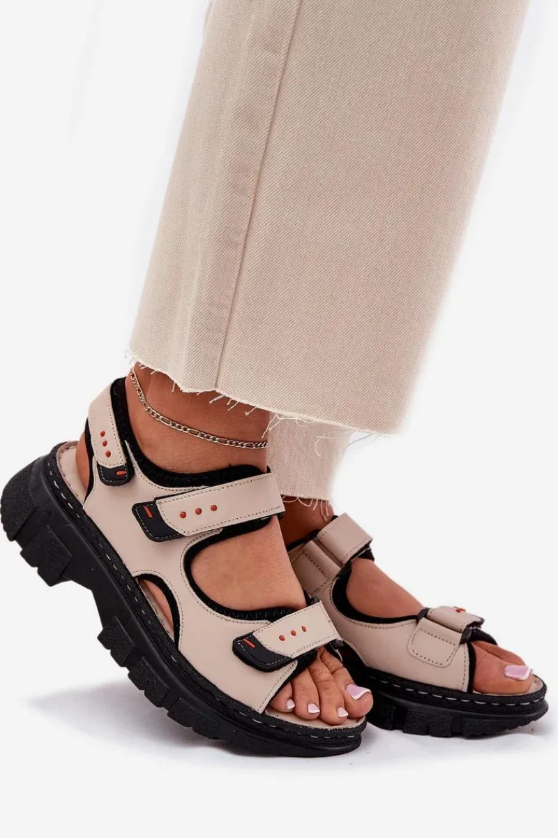 Sandały Płaskie>Artiker Skórzane Sandały Damskie Z Rzepami 56C0471 Beżowe Beżowy