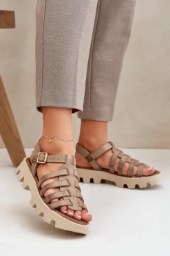 Best Boto Skórzane Sandały Damskie Zazoo 3695 Beżowe Beżowy