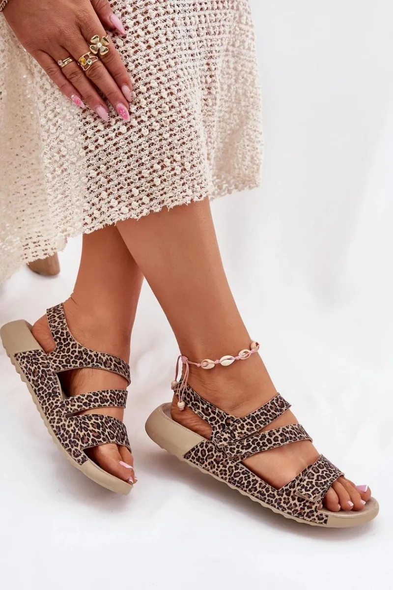 Sandały Płaskie>Zazoo Skórzane Sandały Damskie K1004 Panterka Brązowy