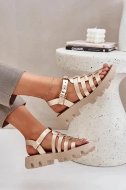 Sandały Płaskie>Boto Skórzane Sandały Damskie Zazoo 3695 Złote Złoty