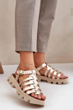 Sandały Płaskie>Boto Skórzane Sandały Damskie Zazoo 3695 Złote Złoty