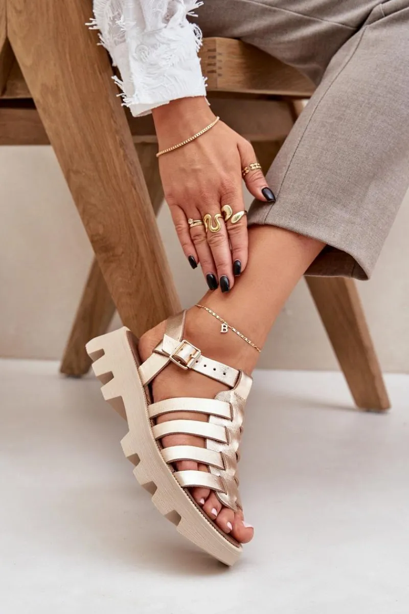 Sandały Płaskie>Boto Skórzane Sandały Damskie Zazoo 3695 Złote Złoty