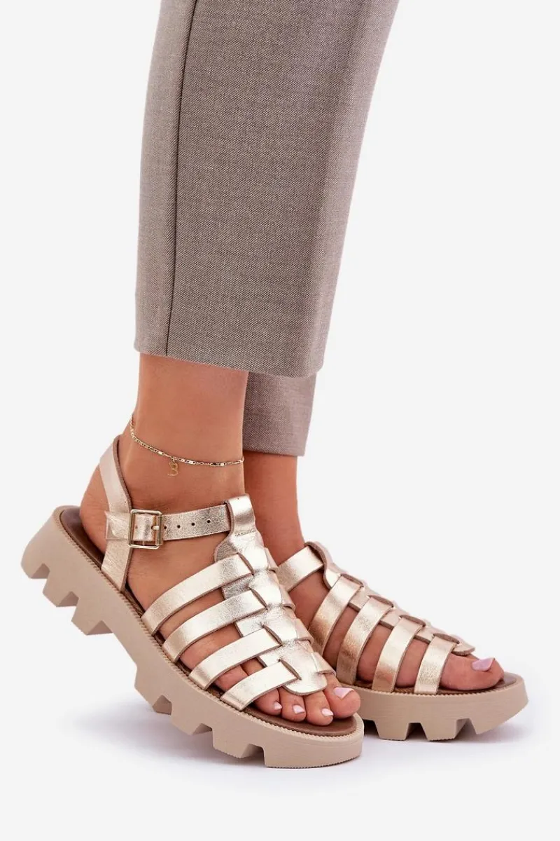 Sandały Płaskie>Boto Skórzane Sandały Damskie Zazoo 3695 Złote Złoty