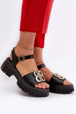 Sandały Płaskie>Buty damskie Vinceza Skórzane Sandały Damskie Ze Złotą Ozdobą Czarne Vinceza 7910