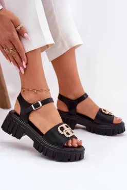 Sandały Płaskie>Buty damskie Vinceza Skórzane Sandały Damskie Ze Złotym Detalem Vinceza 79541 Czarne Czarny