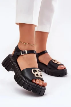 Sandały Płaskie>Buty damskie Vinceza Skórzane Sandały Damskie Ze Złotym Detalem Vinceza 79541 Czarne Czarny