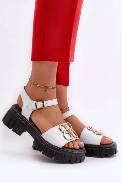 Hot Buty damskie Vinceza Skórzane Sandały Damskie Ze Złotą Ozdobą Białe Vinceza 7910