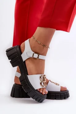 Hot Buty damskie Vinceza Skórzane Sandały Damskie Ze Złotą Ozdobą Białe Vinceza 7910