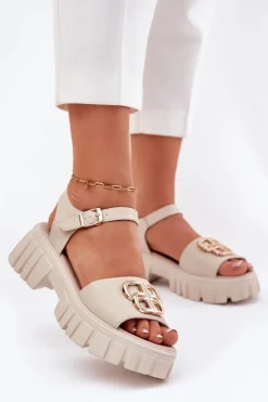 Online Skórzane Sandały Damskie Ze Złotym Detalem Vinceza 79541 Beżowe Damskie Sandały Płaskie