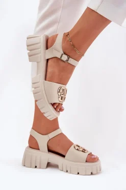 Online Skórzane Sandały Damskie Ze Złotym Detalem Vinceza 79541 Beżowe Damskie Sandały Płaskie