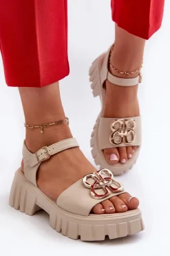 Online Skórzane Sandały Damskie Ze Złotą Ozdobą Beżowe Vinceza 7910 Damskie Sandały Płaskie