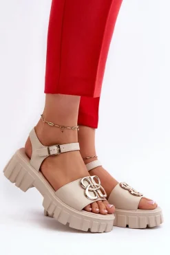 Online Skórzane Sandały Damskie Ze Złotą Ozdobą Beżowe Vinceza 7910 Damskie Sandały Płaskie