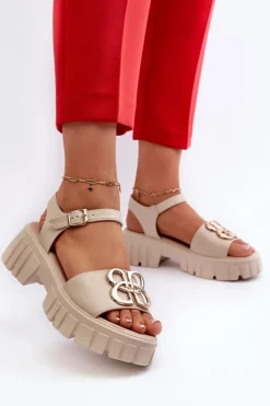 Online Skórzane Sandały Damskie Ze Złotą Ozdobą Beżowe Vinceza 7910 Damskie Sandały Płaskie