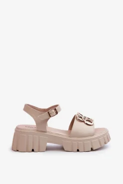 Online Skórzane Sandały Damskie Ze Złotą Ozdobą Beżowe Vinceza 7910 Damskie Sandały Płaskie