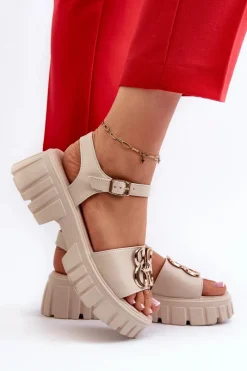 Online Skórzane Sandały Damskie Ze Złotą Ozdobą Beżowe Vinceza 7910 Damskie Sandały Płaskie