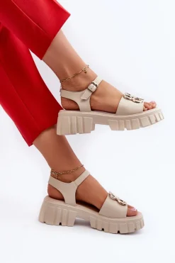 Online Skórzane Sandały Damskie Ze Złotą Ozdobą Beżowe Vinceza 7910 Damskie Sandały Płaskie