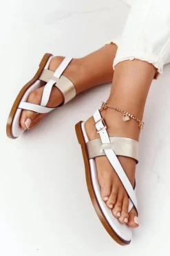 Hot Skórzane Sandały Japonki Big Star HH274714 Biało-Złote Damskie Sandały Big Star|Sandały Płaskie