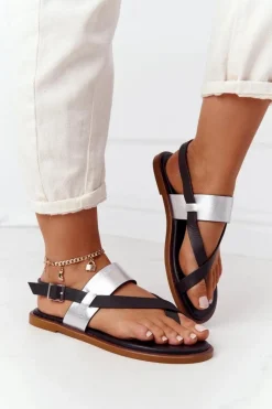 Sandały Big Star|Sandały Płaskie></noscript>Big Star Shoes Skórzane Sandały Japonki Big Star HH274712 Czarno-Srebrne