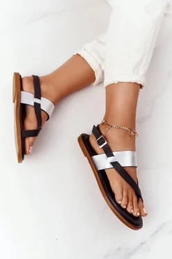 Sandały Big Star|Sandały Płaskie></noscript>Big Star Shoes Skórzane Sandały Japonki Big Star HH274712 Czarno-Srebrne