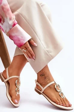 Best Skórzane Sandały Japonki Na Płaskim Obcasie Beżowe Keep Going Damskie Sandały Płaskie