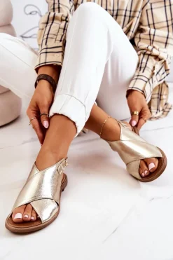 Sandały Płaskie>Boto Skórzane Sandały Lewski 3019 Złote