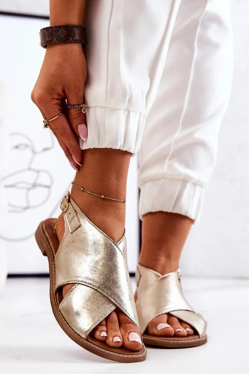 Sandały Płaskie>Boto Skórzane Sandały Lewski 3019 Złote