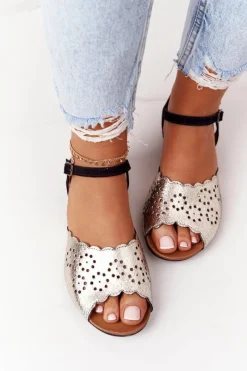 Discount Skórzane Sandały 05199-25 Czarno-Złote Damskie Sandały Płaskie