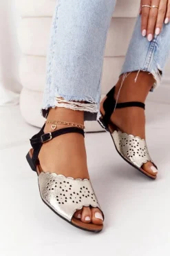 Discount Skórzane Sandały 05199-25 Czarno-Złote Damskie Sandały Płaskie