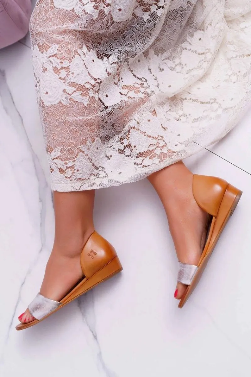 Skórzane Sandały 1971-45 Rude Damskie Sandały Na Koturnie|Sandały Płaskie