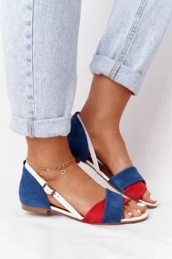Discount Skórzane Sandały 04614-17 Granatowo-Czerwone Damskie Sandały Płaskie