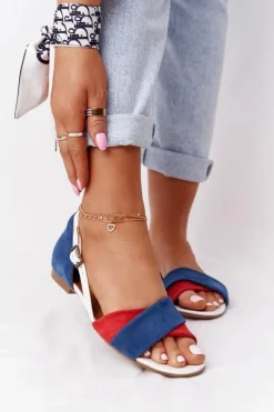 Discount Skórzane Sandały 04614-17 Granatowo-Czerwone Damskie Sandały Płaskie