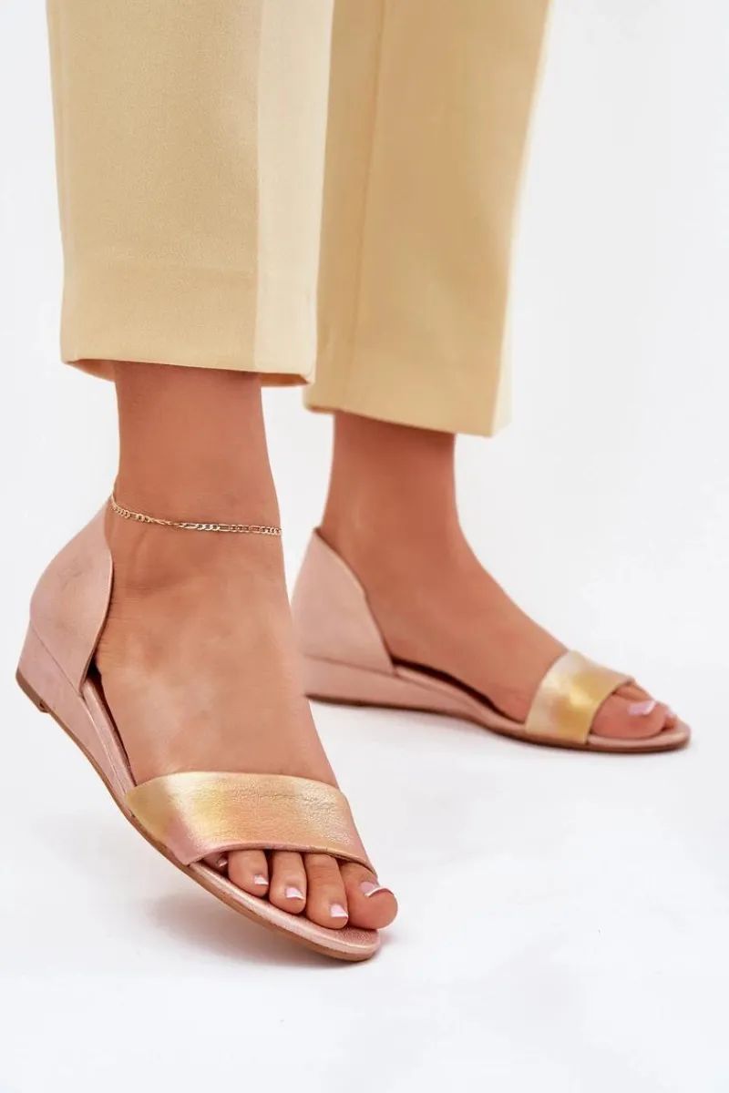 Skórzane Sandały 01971-72 Różowe Złoto Damskie Sandały Na Koturnie|Sandały Płaskie