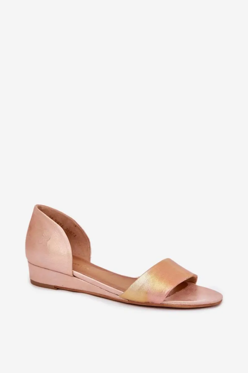 Skórzane Sandały 01971-72 Różowe Złoto Damskie Sandały Na Koturnie|Sandały Płaskie