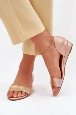 Skórzane Sandały 01971-72 Różowe Złoto Damskie Sandały Na Koturnie|Sandały Płaskie