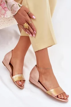Skórzane Sandały 01971-72 Różowe Złoto Damskie Sandały Na Koturnie|Sandały Płaskie