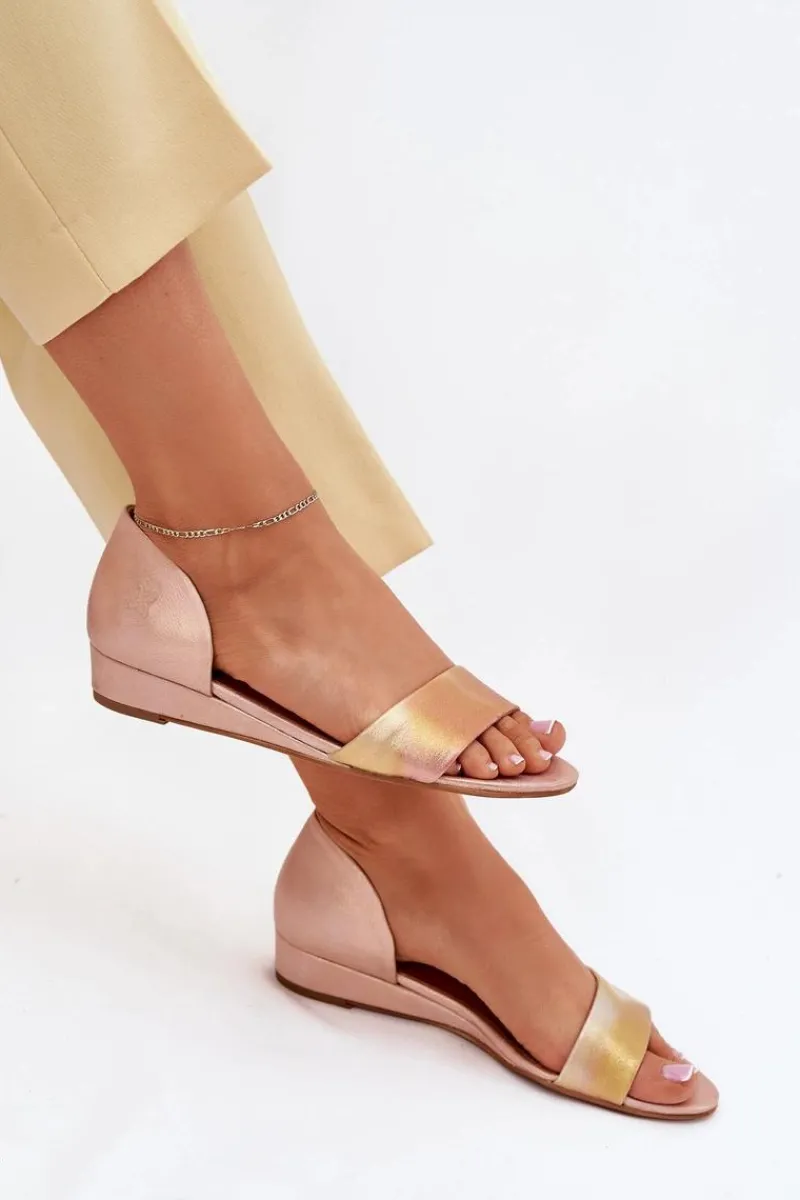 Skórzane Sandały 01971-72 Różowe Złoto Damskie Sandały Na Koturnie|Sandały Płaskie