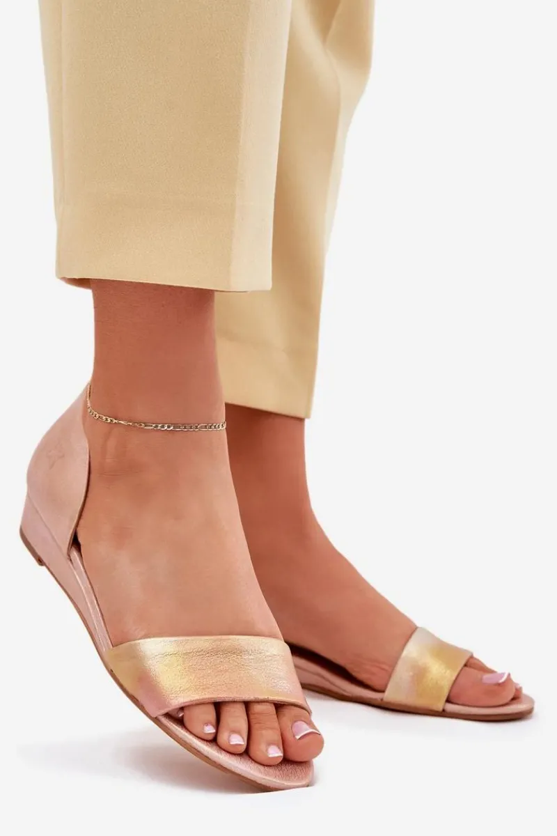 Skórzane Sandały 01971-72 Różowe Złoto Damskie Sandały Na Koturnie|Sandały Płaskie