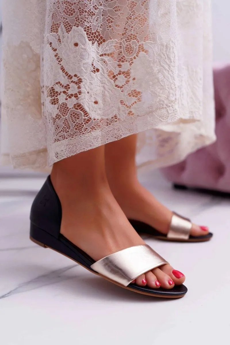 Sandały Płaskie>Maciejka Skórzane Sandały 1971-46 Czarno-Złote