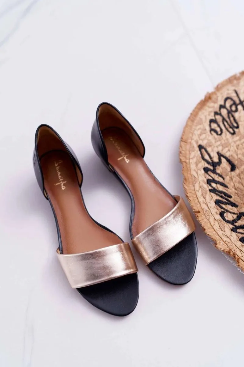 Sandały Płaskie>Maciejka Skórzane Sandały 1971-46 Czarno-Złote