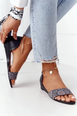 Hot Skórzane Sandały 1971-59 Czarno-Popielate Damskie Sandały Na Koturnie|Sandały Płaskie