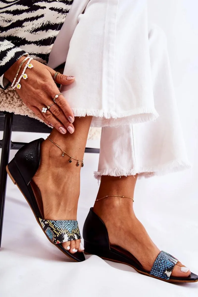 Clearance Skórzane Sandały 1971-63 Czarne Damskie Sandały Na Koturnie|Sandały Płaskie