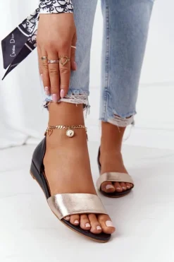 Sandały Na Koturnie|Sandały Płaskie>Maciejka Skórzane Sandały 1971-46 Czarno-Złote