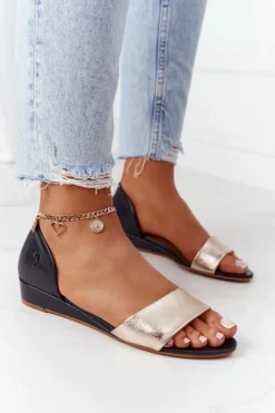 Sandały Na Koturnie|Sandały Płaskie>Maciejka Skórzane Sandały 1971-46 Czarno-Złote