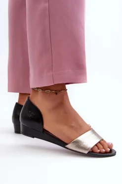 Clearance Maciejka Skórzane Sandały 1971-67 Czarno-Złote Złoty