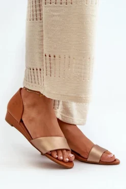 Skórzane Sandały 1971-68 Brązowo-Złote Damskie Sandały Na Koturnie|Sandały Płaskie