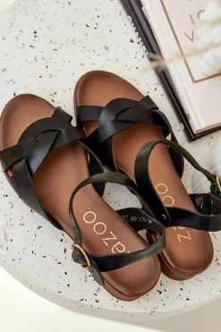 Best Zazoo Skórzane Sandały Na Delikatnym Obcasie 40372 Czarne Czarny